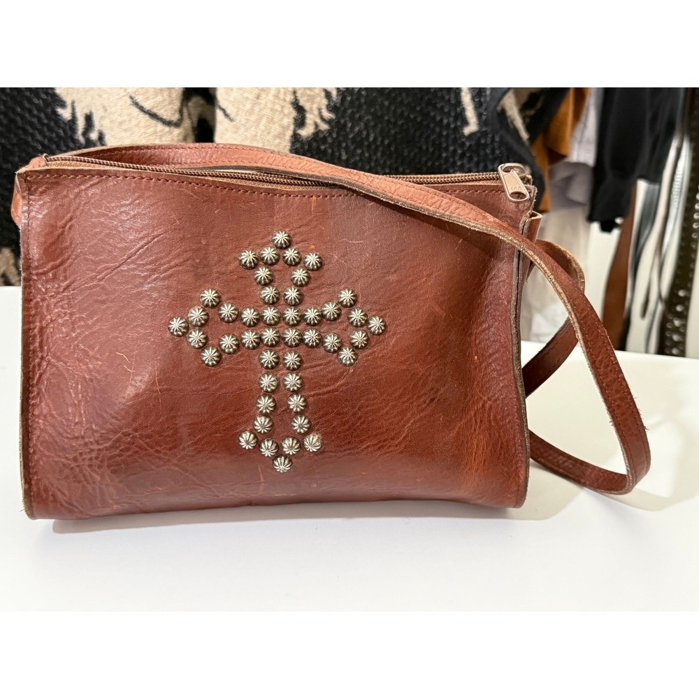 709- Vintage Two Bar West Genuine Leather Studded Cross Shoulder Bag